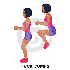 Tuck jumps. Sport exersice. Silhouettes of woman doing exercise. Workout, training