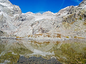 Tucket lake on the way to Glacier Blanc refuge located in the Ecrins Massif in French Alps