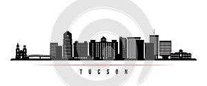 Tucson skyline horizontal banner. Black and white silhouette of Tucson, Arizona.