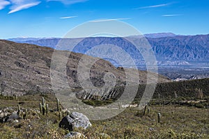 Tucuman Argentina Calchaquies valley arid and dry with mountains rocks in Tafi del Valle conifers molles and cardones cactus