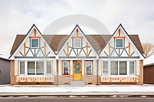 tudor facade, symmetric gable windows