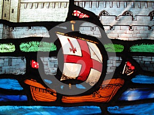 Tudor galleon on a stained glass window