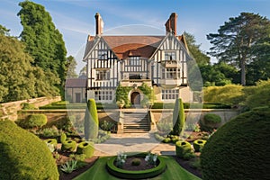 tudor house with grand exterior, featuring sweeping staircase and manicured gardens