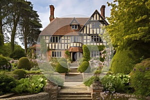tudor house with grand exterior, featuring sweeping staircase and manicured gardens