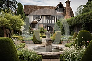 tudor house with a view of garden and fountain