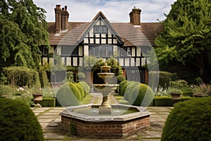 tudor house, with view of the garden and fountain, surrounded by greenery