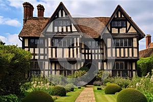 tudor house, with wooden exterior and weathered shingles, viewed from the front