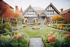 tudor mansion set in a manicured garden