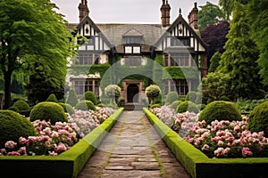 tudor mansion surrounded by a manicured english garden in full bloom