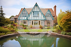 tudor property, gable overlooking pond