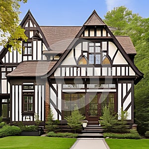 A Tudor-style home with a steeply pitched roof, half-timbered walls, and leaded glass windows4, Generative AI