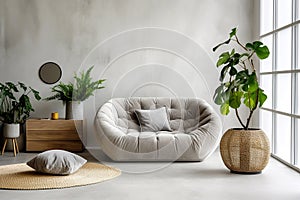 Tufted grey sofa and wooden cabinet against grid window and concrete wall with copy space. Scandinavian home interior design of photo