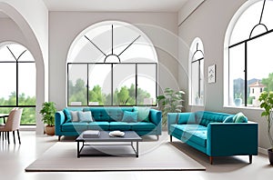 Tufted sofa is positioned next to big windows, the minimalist loft luxury home interior design of a modern living room