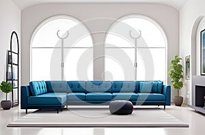 Tufted sofa is positioned next to big windows, the minimalist loft luxury home interior design of a modern living room