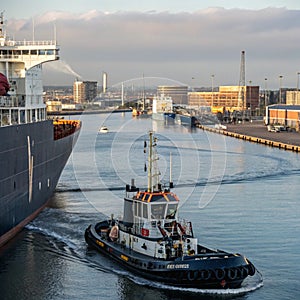 Tug boat taking out the ship from the harbor photo