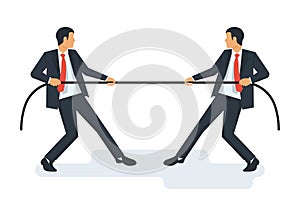 Tug concept. Two businessmen in suits pull the rope