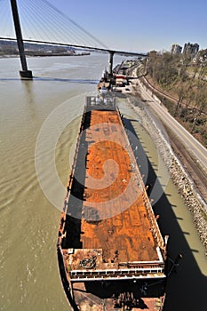 Tug container ship anchored at the rive coast