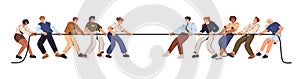 Tug of war. Business confrontation concept. Employees dragging, pull rope, resist to against team. Opposition teamwork