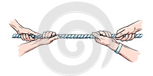 Tug war competition with rope. Hands pulling rope. Colored hand drawn vector illustration