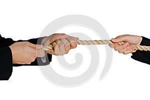 Tug of war; hands pulling a rope