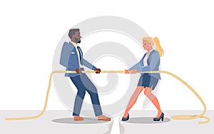 Tug of war between male and female employees, man vs woman pull rope in office conflict