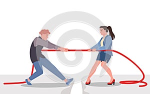 Tug of war between male and female office workers, young man and woman pull rope