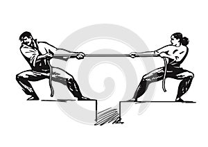 Tug of war. Man and woman are pulling rope. Business competitive concept. Couple fighting. Gender conflict. Psychology