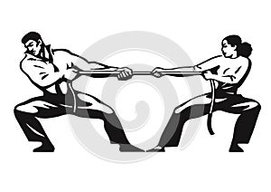 Tug of war. Man and woman are pulling rope. Business competitive concept. Couple fighting. Gender conflict. Psychology