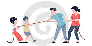 Tug of war of parents and children. Family struggle and pulling rope. Competition or conflict metaphor, adult and kids
