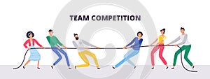 Tug of war. People teams pull the rope, office workers compete and rope pulling competition flat vector illustration photo