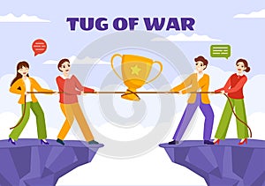 Tug of war Vector Illustration with People Pulling Opposite Ends of Rope on Business Competition in Flat Cartoon Hand Drawn