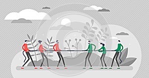 Tug of war vector illustration. Pull rope game in flat tiny persons concept