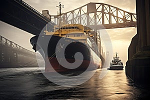 Tugboat assisting bulk cargo ship to harbor at sunset. 3D rendering, a cargo ship passing under a bridge, AI Generated