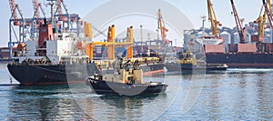 Tugboat assisting Cargo Ship maneuvered into the Port of Odessa, Ukraine.