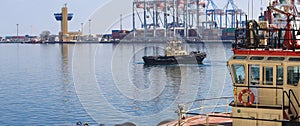 Tugboat assisting Cargo Ship maneuvered into the Port of Odessa, Ukraine.