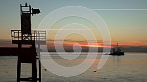 Tugboat and Barge at sunset, 4K UHD