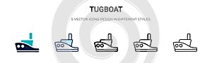 Tugboat icon in filled, thin line, outline and stroke style. Vector illustration of two colored and black tugboat vector icons