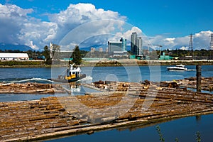 Tugboat and Pleasure Motorboat at River Industrial Zone