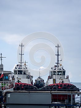 Tugs in the port. Ships at anchor. Batumi port. Escort ships