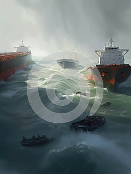 Tugs and rescue vessels attempting to haul a massive tanker back to safety as it slowly sinks in a raging sea.. AI