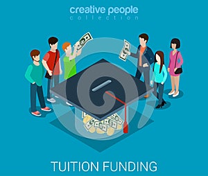 Tuition fee web crowd funding graduate flat 3d isometric vector