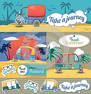 Tuk rickshaw Thailand banner set, cartoon style