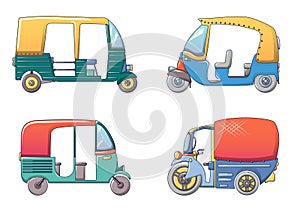 Tuk rickshaw Thailand icons set, cartoon style