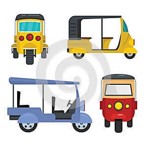 Tuk rickshaw Thailand icons set flat style