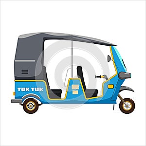 Tuk Tuk Asian auto rickshaw three wheeler tricycle blue. Thailand, Indian countries baby taxi. Vector illustration