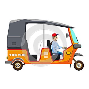 Tuk Tuk Asian auto rickshaw three wheeler tricycle with local driver. Thailand, Indian countries baby taxi. Vector