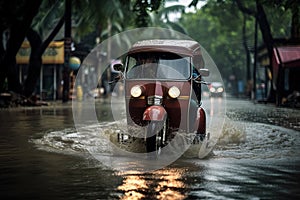 Tuk tuk driving through a flooded street. Generative AI