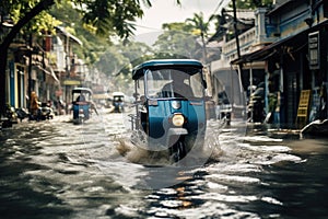 Tuk tuk driving through a flooded street. Generative AI