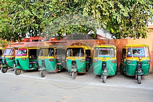 Tuk-tuks parked in Taj Ganj neighborhood of Agra, Uttar Pradesh, India