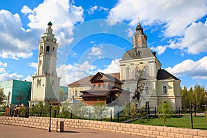 Tula city, Russia - May 2019: towers of orthodox Nikolo-Zaretskaya church and Christmas Temple of Christ in the warm sun rays.